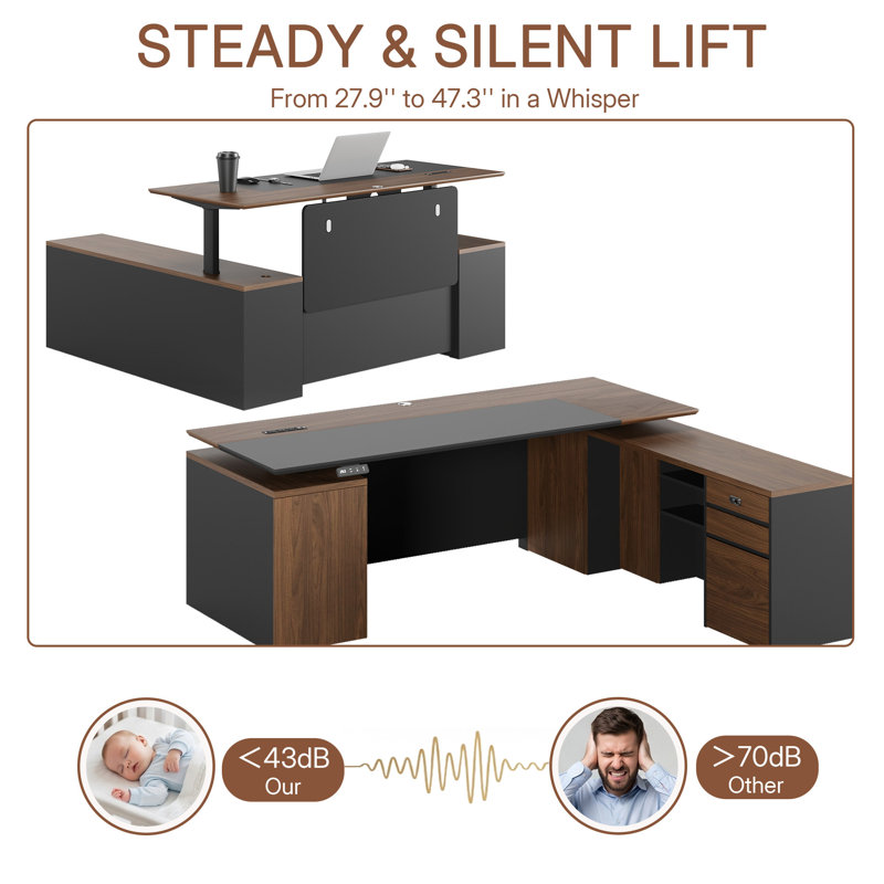 Bureau assis-debout de direction de luxe en forme de L avec caisson de rangement, réglable en hauteur électrique, avec prises électriques, ports USB, étagères de rangement et tiroir verrouillable, finition noyer/noir.