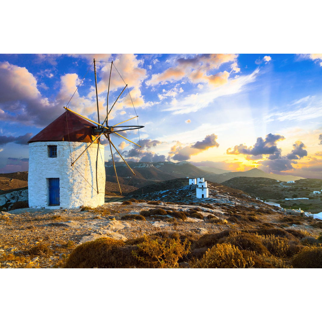 Beautiful Sunset Over Windmills. Amorgos Island, Greece - Wrapped Canvas Print