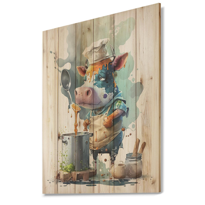 Cuisiner la vache dans la cuisine I - impression sans cadre sur bois, H 32 po x l 24 po x P 1 po