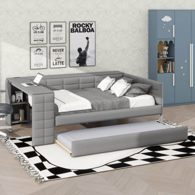 Full-Size Fabric-Upholstered Platform Bed With Built-In Shelves, Workstation, Charging Station, And Trundle Bed