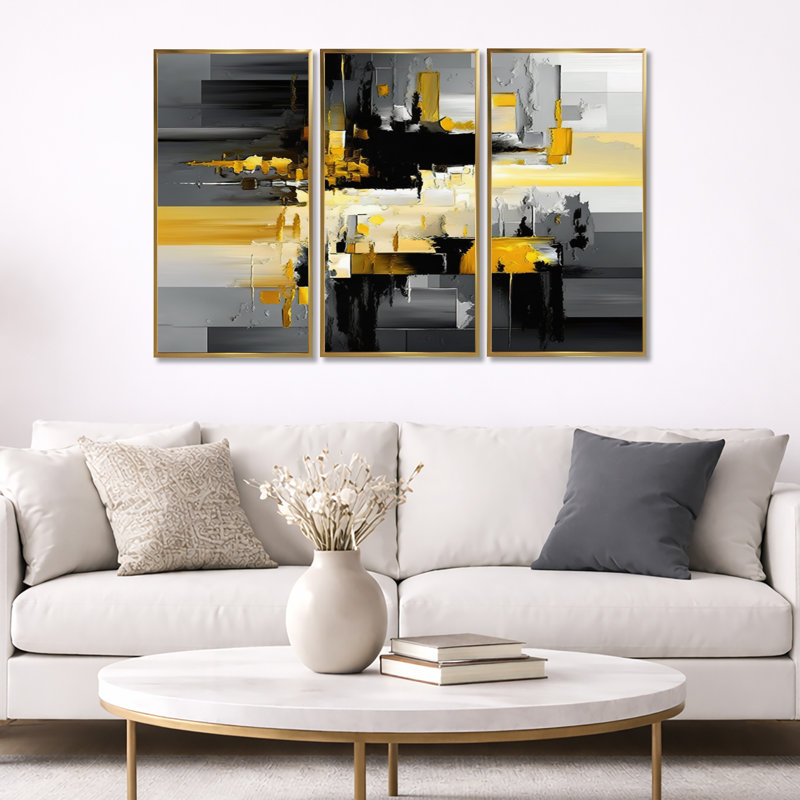 Abstrait géométrique noir et jaune en V - impression de 3 pièces, Encadrement doré, L 48 po x H 32 po