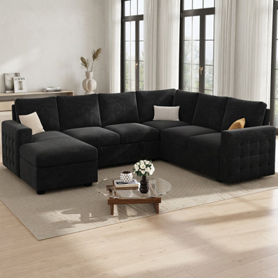 Canapé-lit modulaire en U escamotable avec rangement, revêtement en chenille, noir