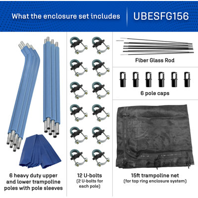 Ensemble d'enclos à anneau supérieur de trampoline Plexalife comprenant un filet de trampoline, 6 poteaux de trampoline incurvés, des capuchons et des manchons en mousse - convient aux trampolines ronds de 11 pi