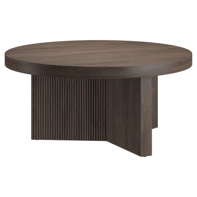 32" Wide Round Coffee Table with Fluted Base — Alder Brown Scandinavian MDF Center Table for Living Room | Holm