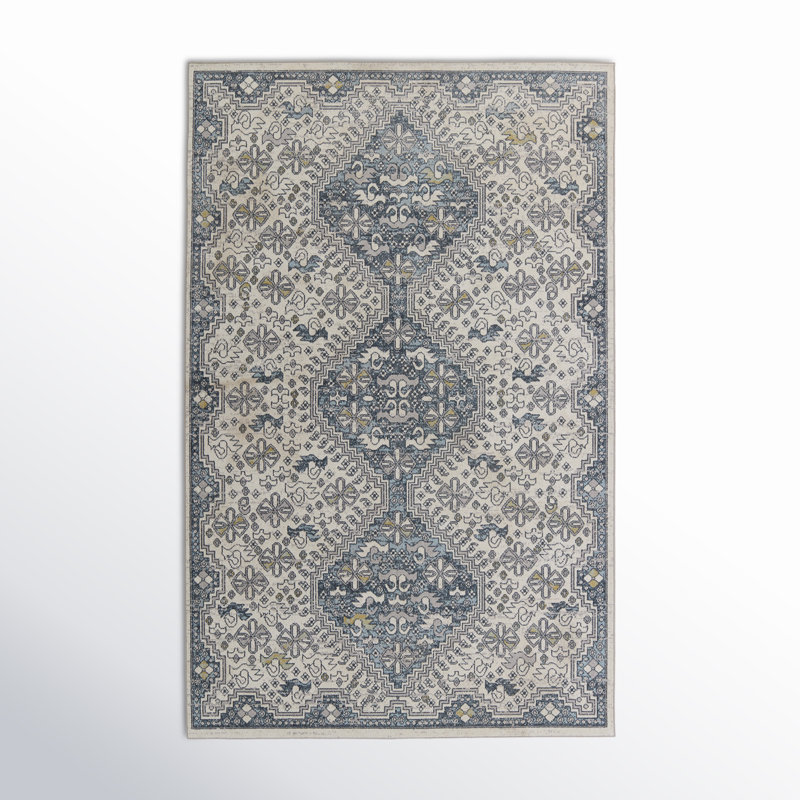 Phoebe Machine WashableOriental Area Rug in Cream/Blue, Rectangle 9' x 12'