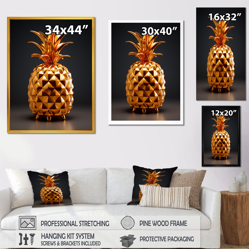Golden Pineapple Impression II - Ananas, art mural, Cadre flottant brun, H 32 po x l 24 po x P 1 po