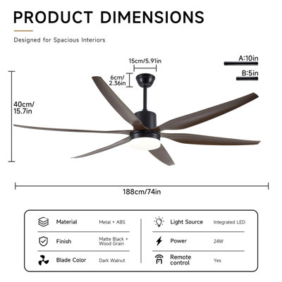 66 Inch 6-Blade Wood Grain Ceiling Fan with Integrated LED Light, Reversible Quiet Motor, 6 Speeds & 3 Color Temperatures, Remote Control, Matte Black Indoor Ceiling Fan Light for Large Room