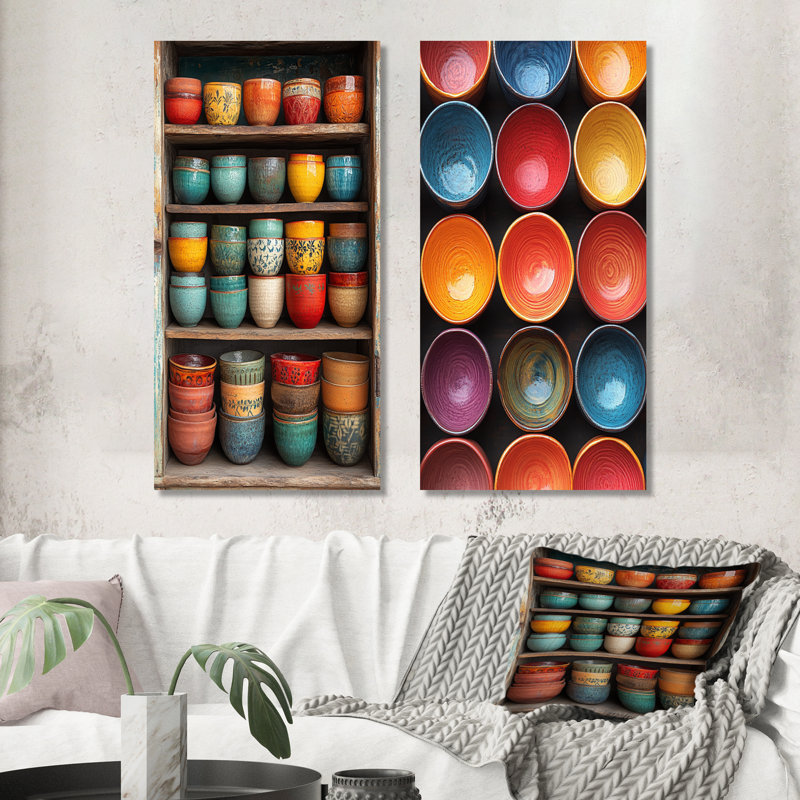 Ensemble de 2 pièces colorées Boho Pottery Harvest I - Boho Pottery Decor Wall Art, H 32 po x l 32 po, Ne s’applique pas