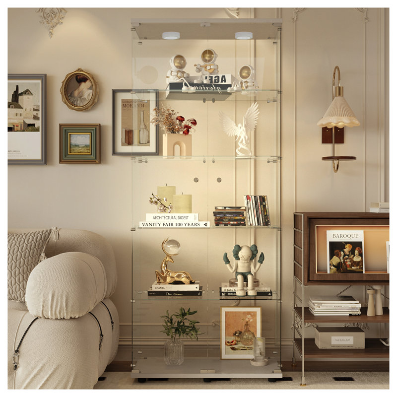 Vitrine en verre trempé avec lumières DEL - Armoire à boissons verrouillable blanche pour le salon, rangement de bureau avec tablettes réglables