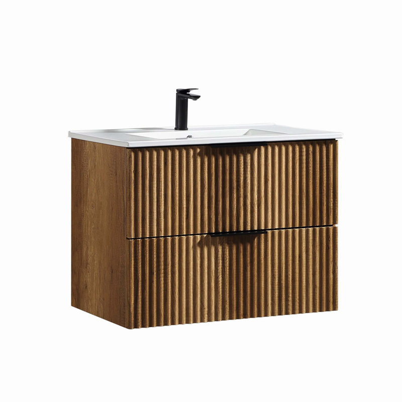 Meuble-lavabo mural 30 po avec panneau cannelé 3D et lavabo en céramique intégré, 30"