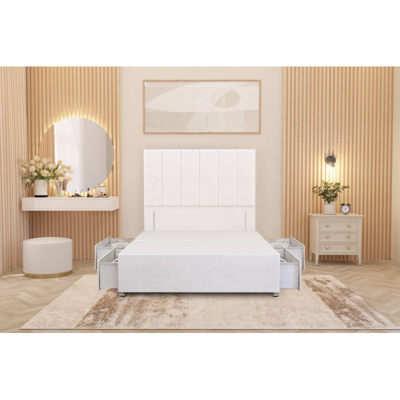 Asterin Divan Bed Base with 54" Floor Standing Headboard Plush Velvet, Small Double (4'), White, 4 Drawers