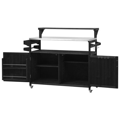 Chariot pour îlot de cuisine 53,3 po avec tablette surélevée, armoire en bois massif, plateau et rangement en acier inoxydable, noir 53,3 po