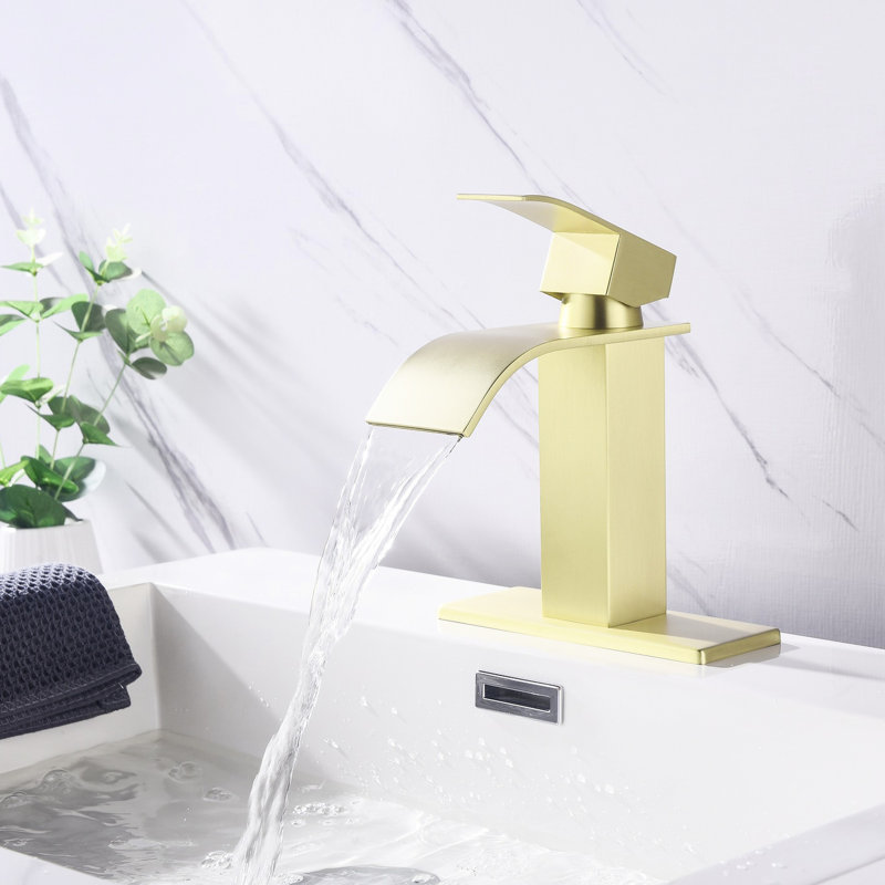 Single Handle Waterfall Spout Bathroom Lavatory Kit, Stainless Steel With Golden Decoration Faucet Spout, Material And Brushed Gold For Sink