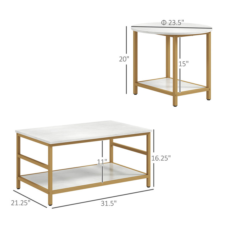 HOMCOM Coffee Tables Set of 2, 2-Rier Rectangle and Round Coffee Table with Storage Shelves, Faux Marble Top and Steel Frame
