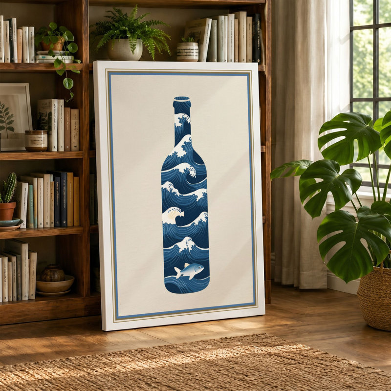 Porcelain Wine Bottle Japandi - Wrapped Canvas, 18x12 - 45.7 x 30.5 cm, Taupe Border
