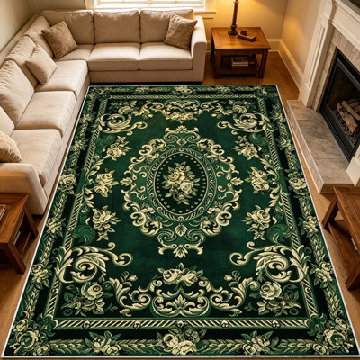 1PC Vintage Emerald Green Gold Floral Damask area rugs for Living Room, Soft and Comfortable, Suitable for all seasons, easy-to-maintain, machine washable Indoor floor mat, Under Table Farmhouse suitable for dining room, bedroom, entryway, kitchen,