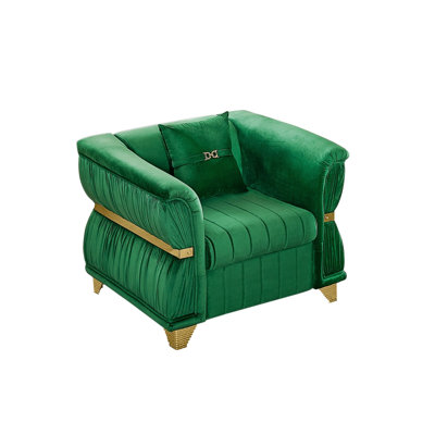 39.8"Modern Velvet Single Sofa with 1 Pillows, Upholstered Accent Couch with Gold Metal Trim, Tapered Gold-Tone Legs & Curved Armrests for Living Room, Bedroom & Apartment, Emerald Green