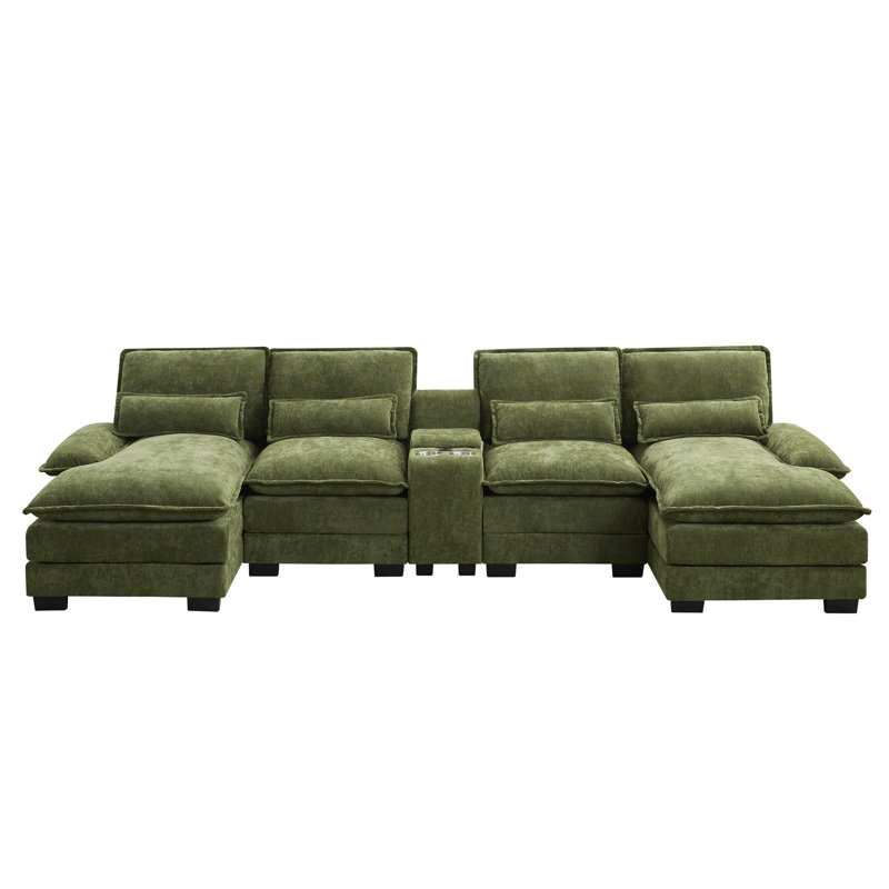 Canapé modulaire en forme de U de 126 po avec console et porte-gobelets et ports USB, Vert