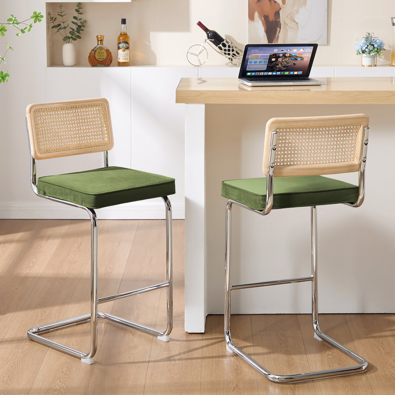 Tabouret de bar rembourré Marlow, 2, Velours vert olive / structure chromée, Siège d'une hauteur de 30 po