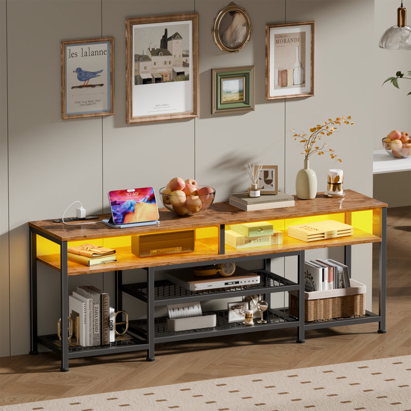 Media Console TV Stand with LED Lights & Charging Station, Storage Shelves Entertainment Center for Living Room & Bedroom