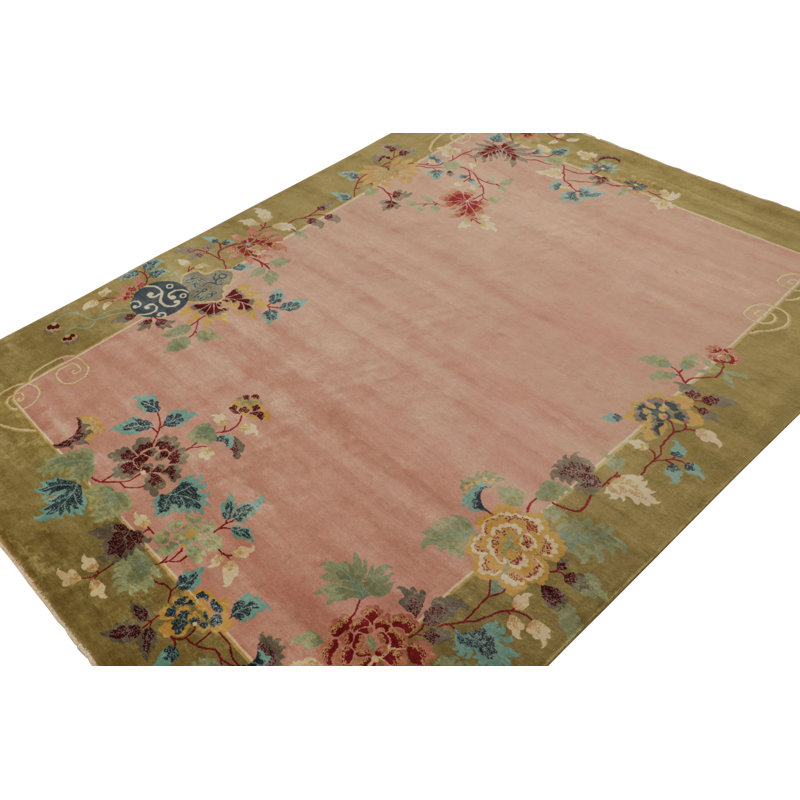 Art Deco Hand Knotted Wool Floral Area Rug, Rectangle 12' x 16'