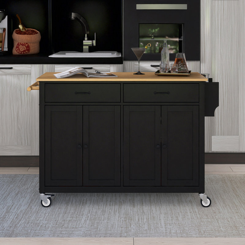54.3" Solid Wood Countertop Kitchen Cart With Spice Rack & Towel Rack, Black
