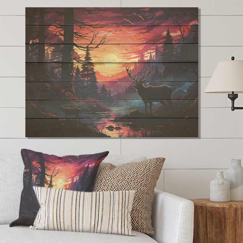 Cerf au clair de lune, paysage III - animal cerf sur bois, H 24 po x l 32 po x P 0,78 po