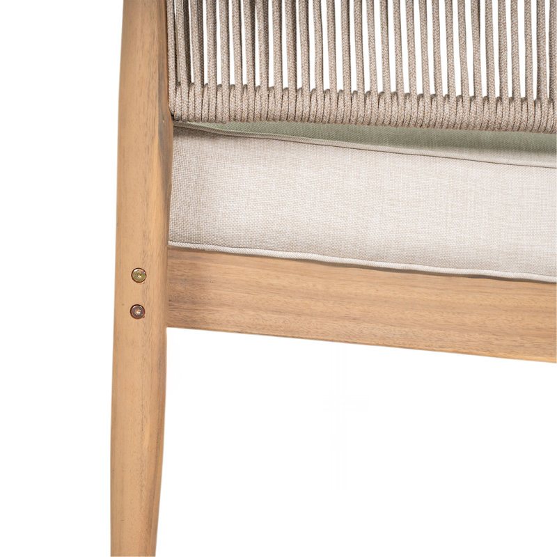 Causeuse d'extérieur en bois d'acacia de patio, bois au fini naturel, coussin beige, corde brun clair