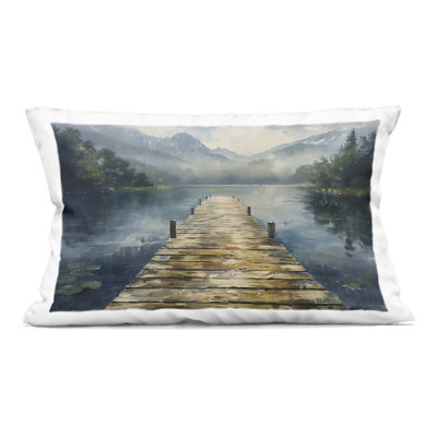 Wooden Dock Over Lake Decorative Printed Throw Pillow design by LSR Creative Studio