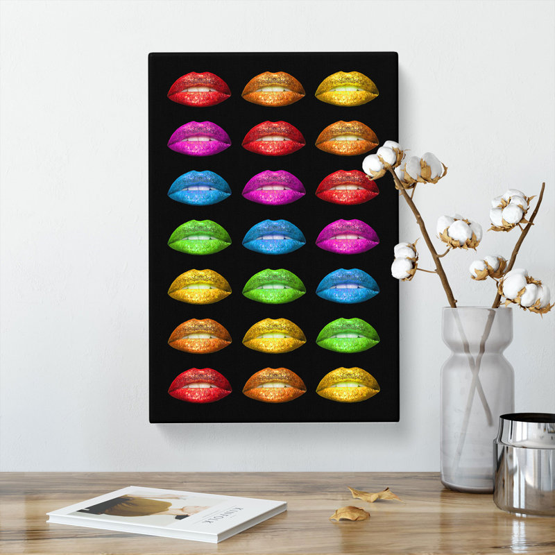 Rainbow Lips Black - Wrapped Canvas, 50cm H x 35cm W x 3cm D