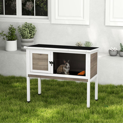 Elevated Wooden Rabbit For Single, Dwarf, Or Guinea Pig, Indoor/outdoor Use With Hinged Asphalt Roof And Removable Tray, Brown, Compact Design Storage