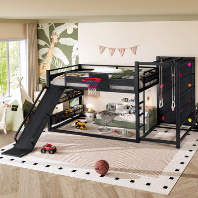 Modern Metal Bunk Bed Full Size With Basketball Hoop And Jungle Gym, Heavy-duty Loft Bed Frame With Slide, Bookshelves, Pull-up Rings And Climbing Wall For Kids,boys,girls, Black