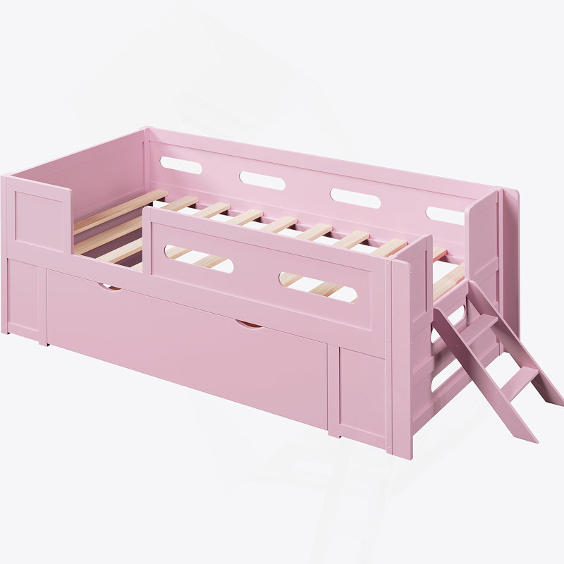 Lit plateforme en bois avec garde-corps et tiroir, Lit simple, Rose