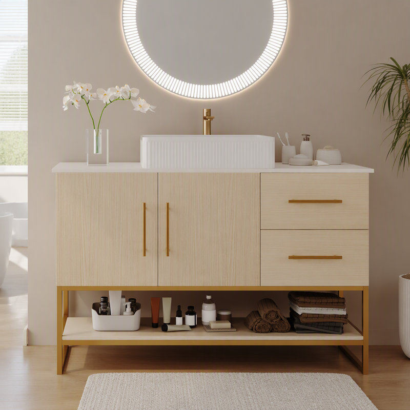 Meuble-lavabo moderne de 36 po avec lavabo vasque en céramique, meuble autoportant d'appoint doré, Noyer