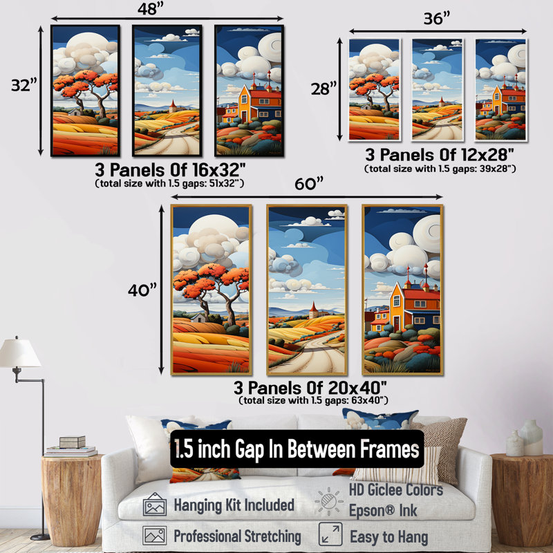 Ensemble de décorations murales De Stijl Style County Side II - Campagne, H 40 po x l 60 po x P 1 po, Cadre naturel flottant