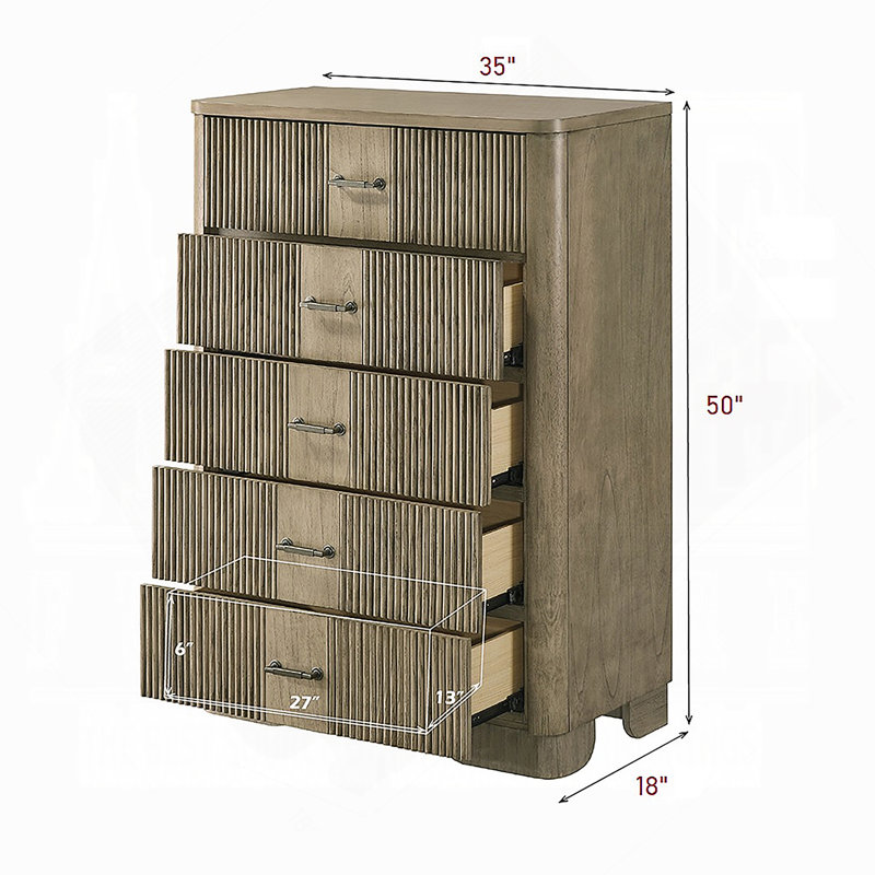 Commode verticale de style transitionnel avec 5 tiroirs de rangement pour la chambre à coucher