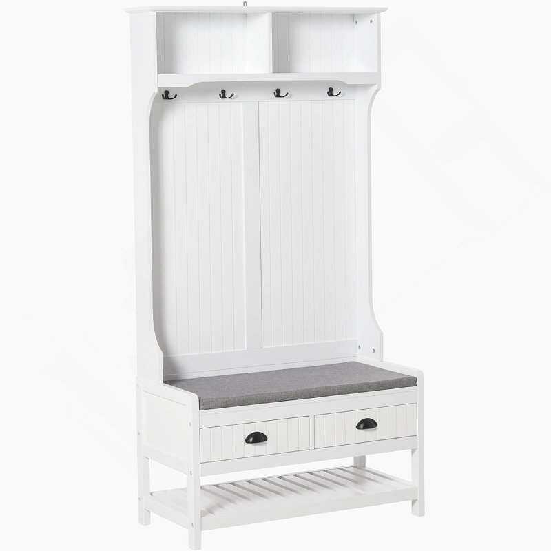 3-In-1 Hall Tree, Entryway Bench With Coat Rack, Mudroom Bench With Shoe Rack, 2 Storage Drawers, 4 Hooks And Padded Seat Cushions For Hallway, White