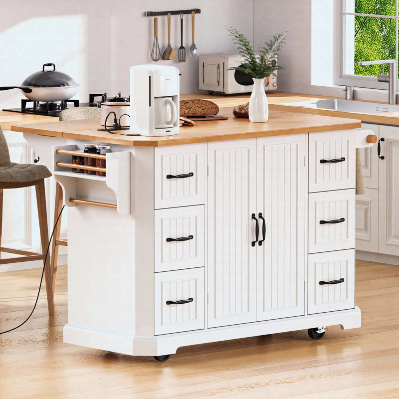 56 inch Kitchen Island with Rubber Wood Veneer Drop Leaf, Power Outlet, 4 Door Shelves, Embossed Vertical Stripe Rolling Kitchen Cart on 4 Wheels with 6 Deep Drawers for Kitchen, Dining Room,White