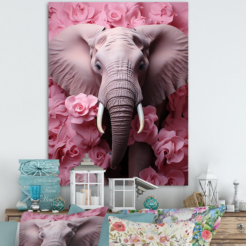 Rose romantique, éléphant I - éléphant, art mural, Toile tendue, H 40 po x l 30 po x P 1,5 po