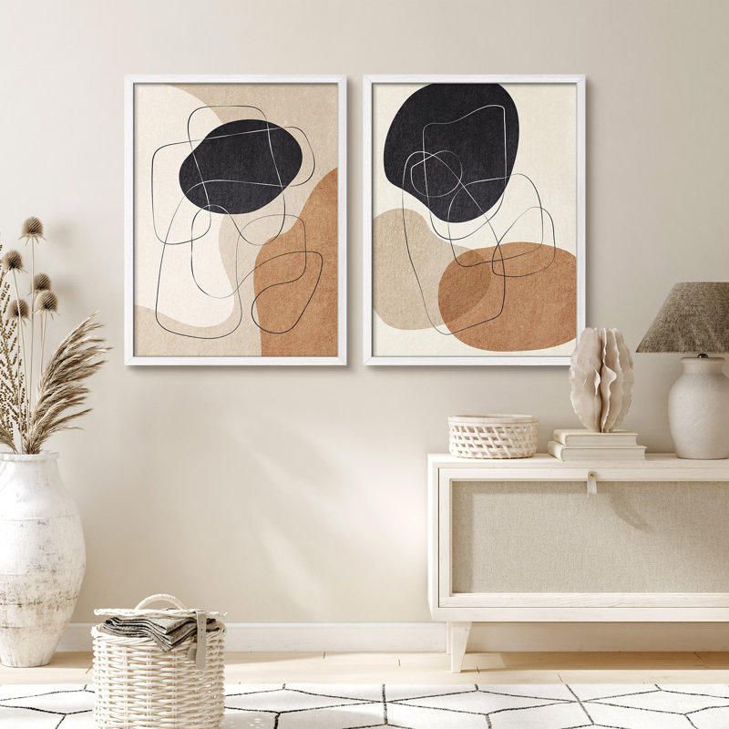 Brun clair, formes abstraites neutres, art encadré, affiches, salle de bain, petit art mural, Blanc, H 16 po x l 12 po