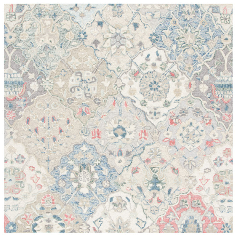 Tapis rose / bleu marine / ivoire en laine touffeté à la main de style oriental Tecumseth, Carré 8 pi