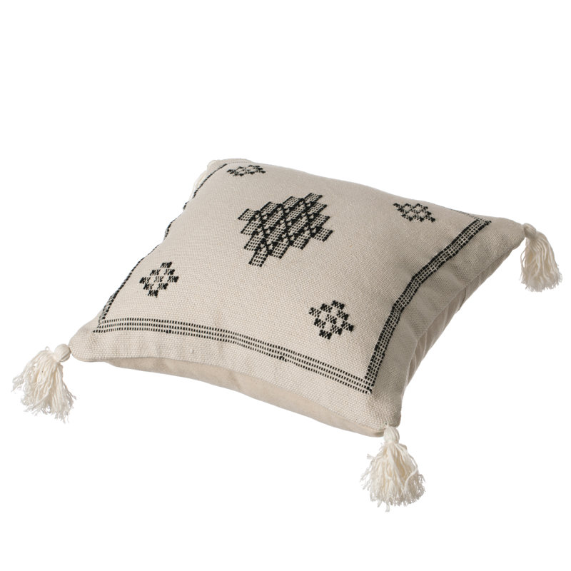 Bohemian 16" Black Cotton Throw Pillow Cover with Tribal Tassels
