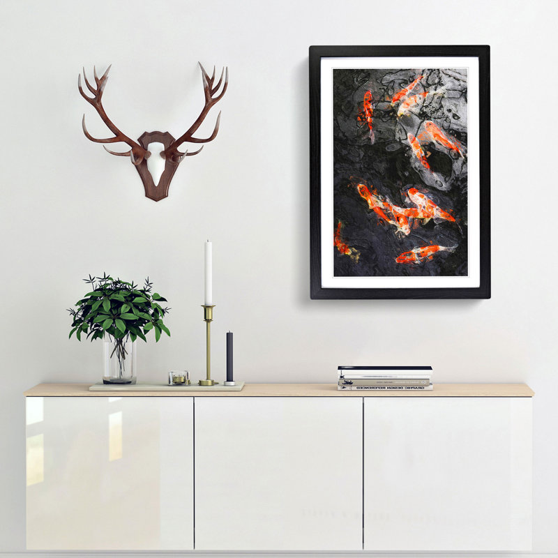 Carp and Koi Fish in Abstract - Picture Frame Painting Print, Black Framed, 36cm H x 27cm W x 2cm D