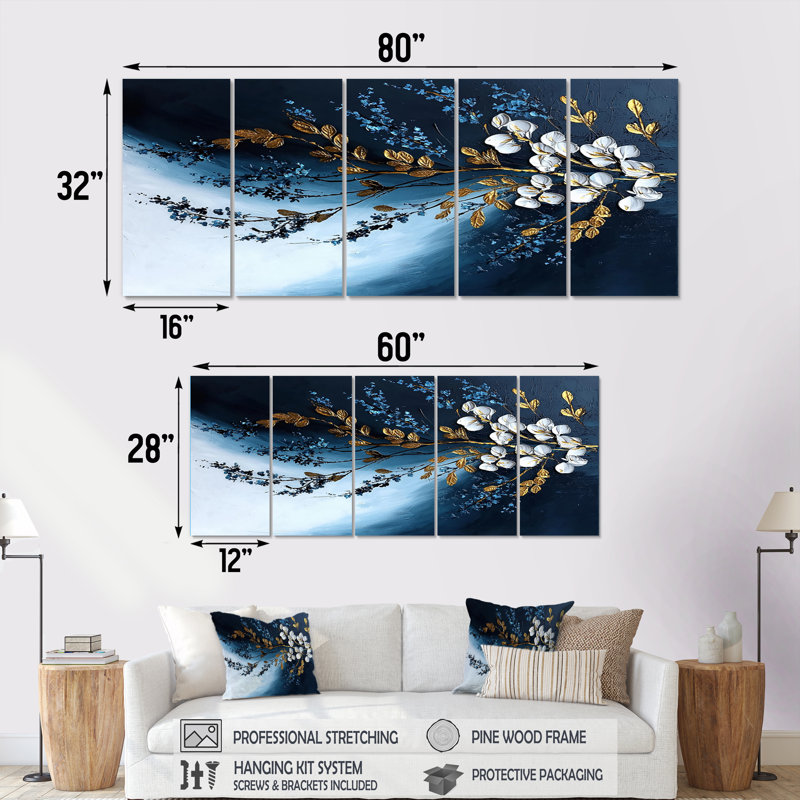 Fougères dorées et bleues au clair de lune, ensemble d'art sur toile II, H 32 po x l 80 po