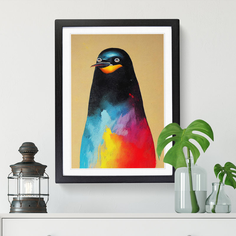 Penguin Crayon Art - Single Picture Frame Print, 64cm H x 46cm W x 2cm D, Black