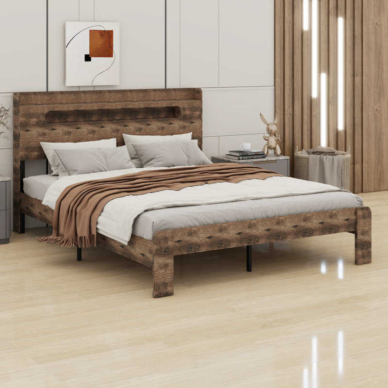 Structure de lit plateforme en bois avec tête de lit à DEL et USB, Grand lit