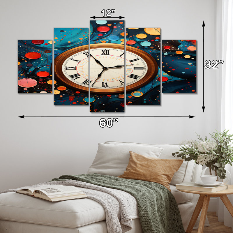 Horloge horlogère pointillisme - décoration murale tendance - 5 panneaux