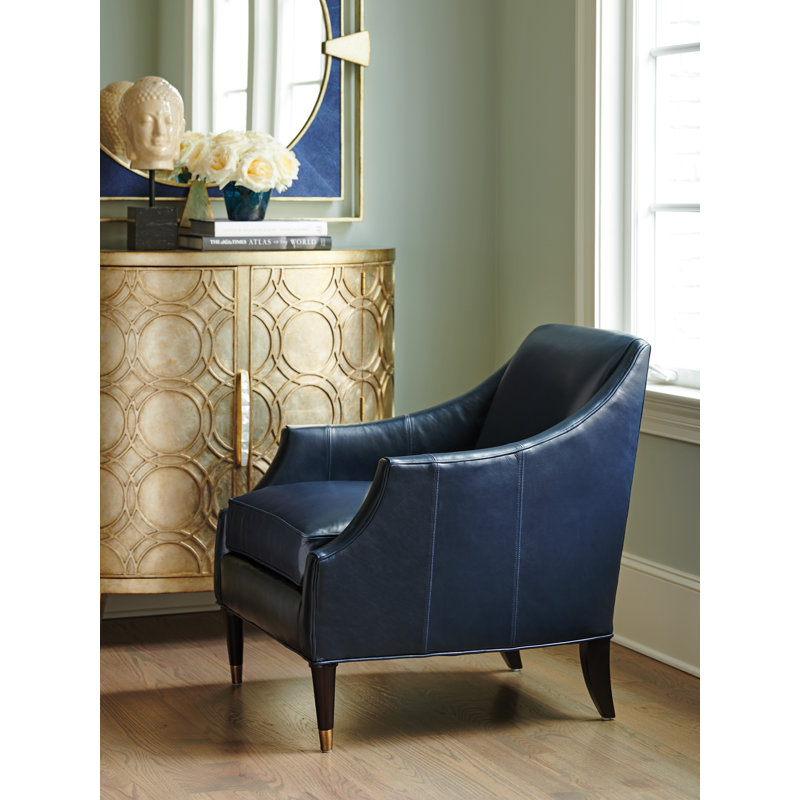 Navy Blue Leather Armchair with Gold Accents