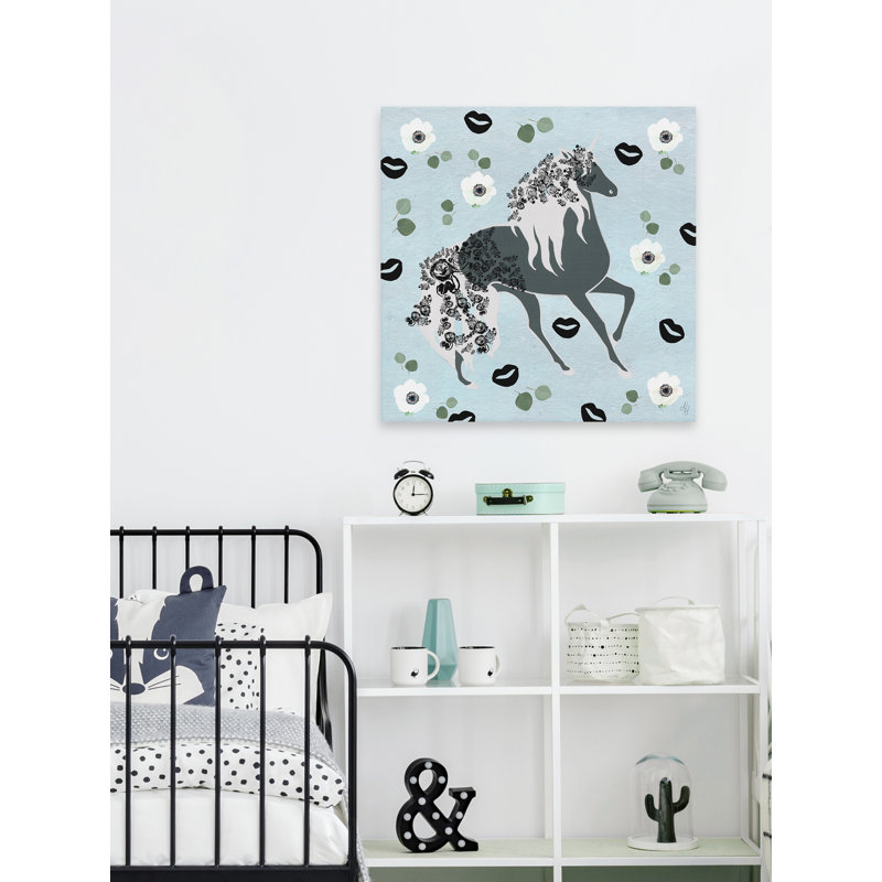 Crowther Black Floral Unicorn 1 Piece Wall Art on Canvas, 61cm H x 61cm W