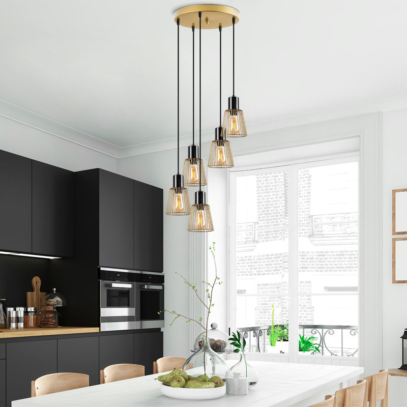 Luminaire suspendu grappe 5 lumières Empire, Or brillant